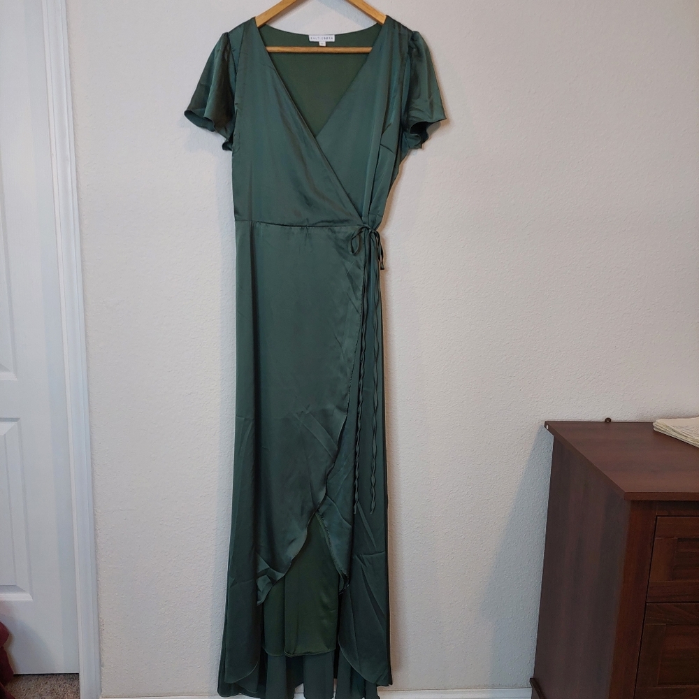 Satin Wrap Maxi Dress in Olive Green - Picture 2 of 10